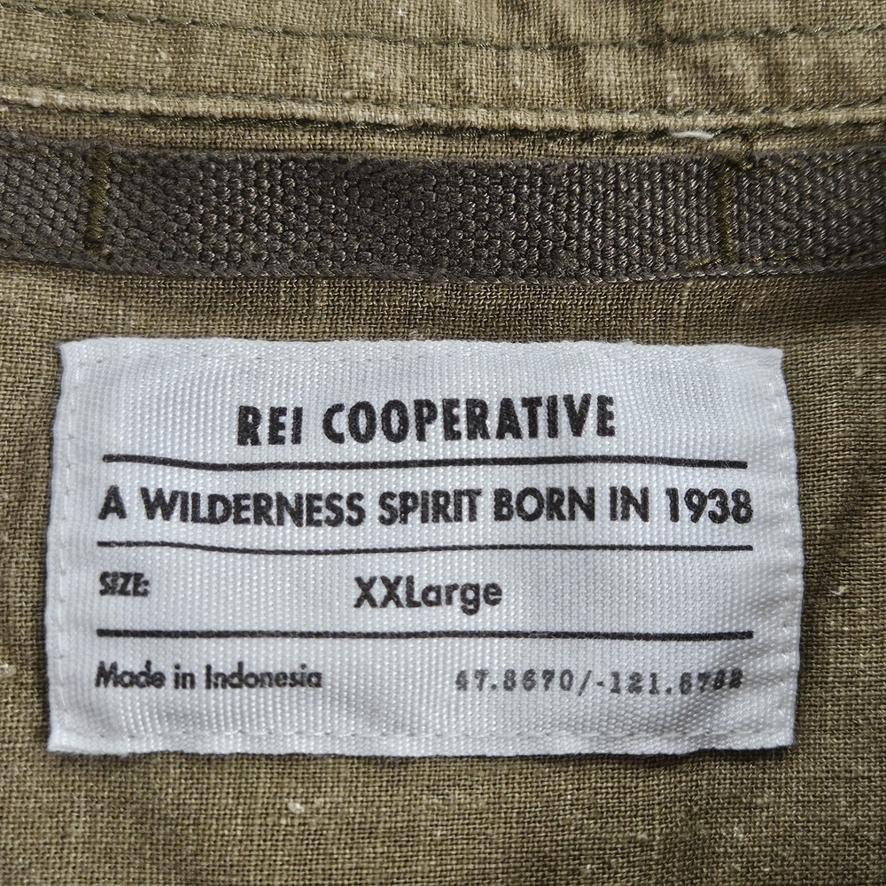 REI Co-Op Shirt Mens XXL Tan Outdoor Print Short Sleeve Hemp Cotton Casual Camp - Picture 2 of 7